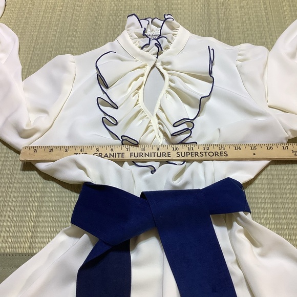 Vintage White Ruffle Dress Blue Trim ILGWU Tag Adolph Schuman for Lilli Ann 70s - Picture 4 of 11